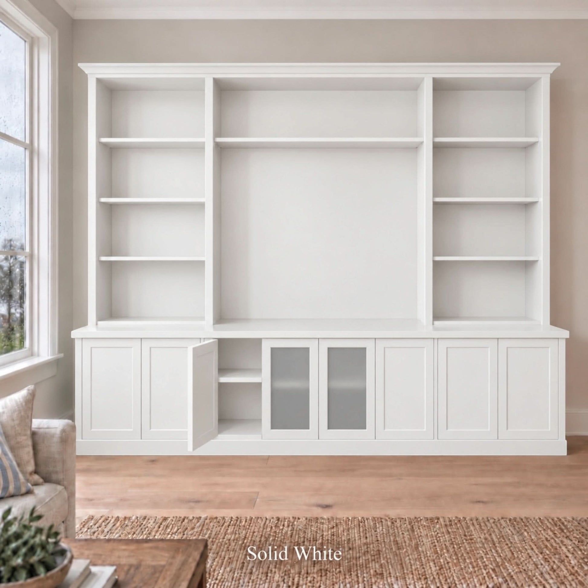 Harrington 5-piece wall unit in White with a buffet door open to show interior storage, frosted glass centre doors