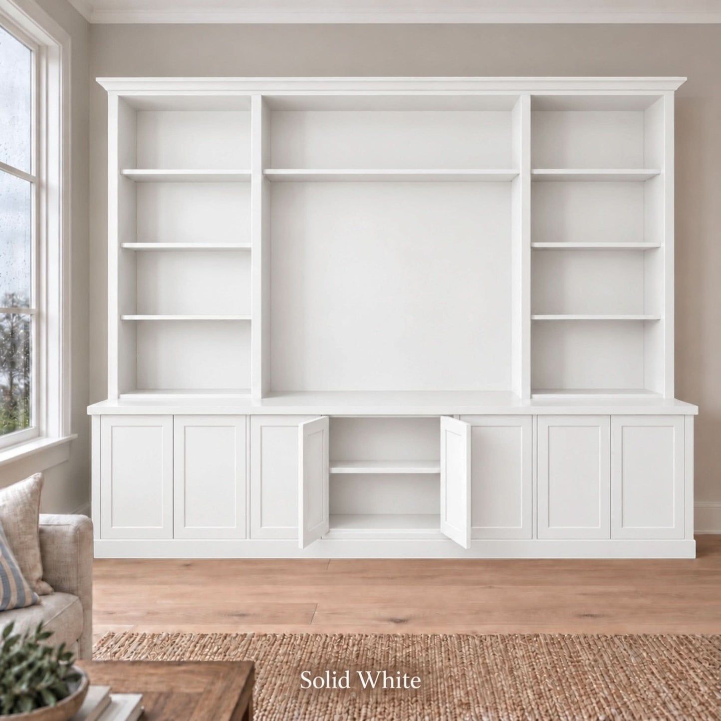 Harrington 5-piece wall unit in White with the centre buffet doors open to show interior storage