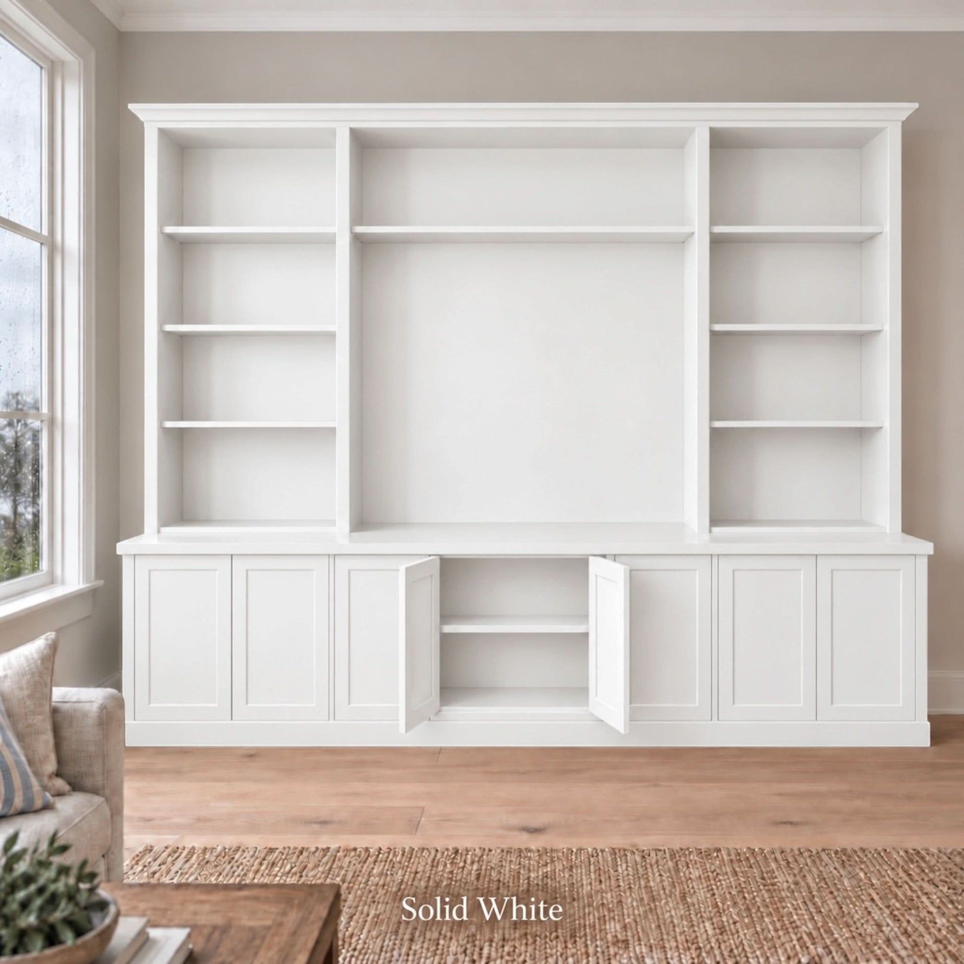 Harrington 5-piece wall unit in White with the centre buffet doors open to show interior storage