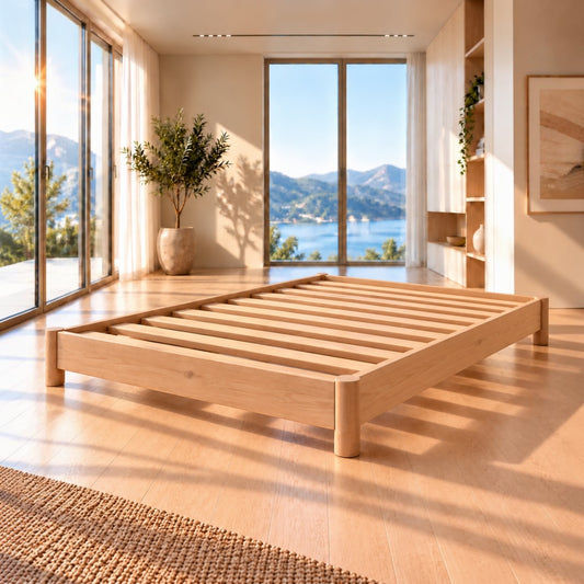 Melody Rounded Corners Bed in Solid Vic Ash – slatted base in a bright bedroom with lake views