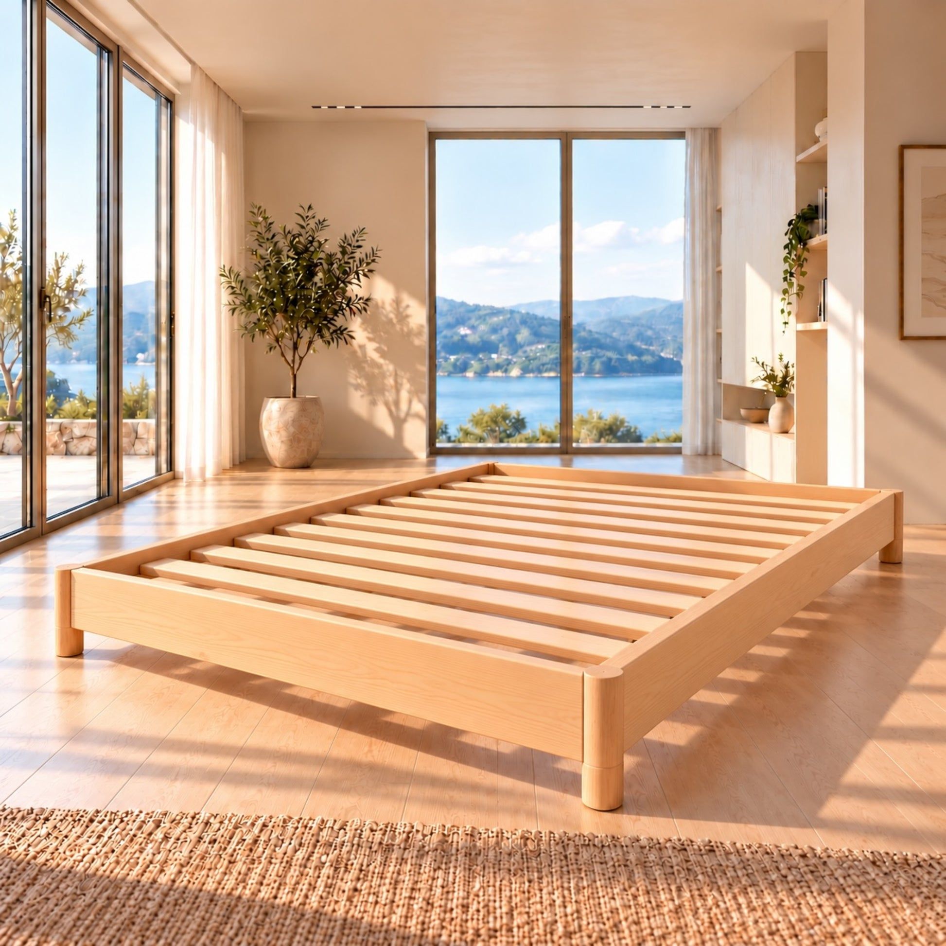 Melody Rounded Corners Bed in NZ Pine – slatted base in a bright bedroom with lake views