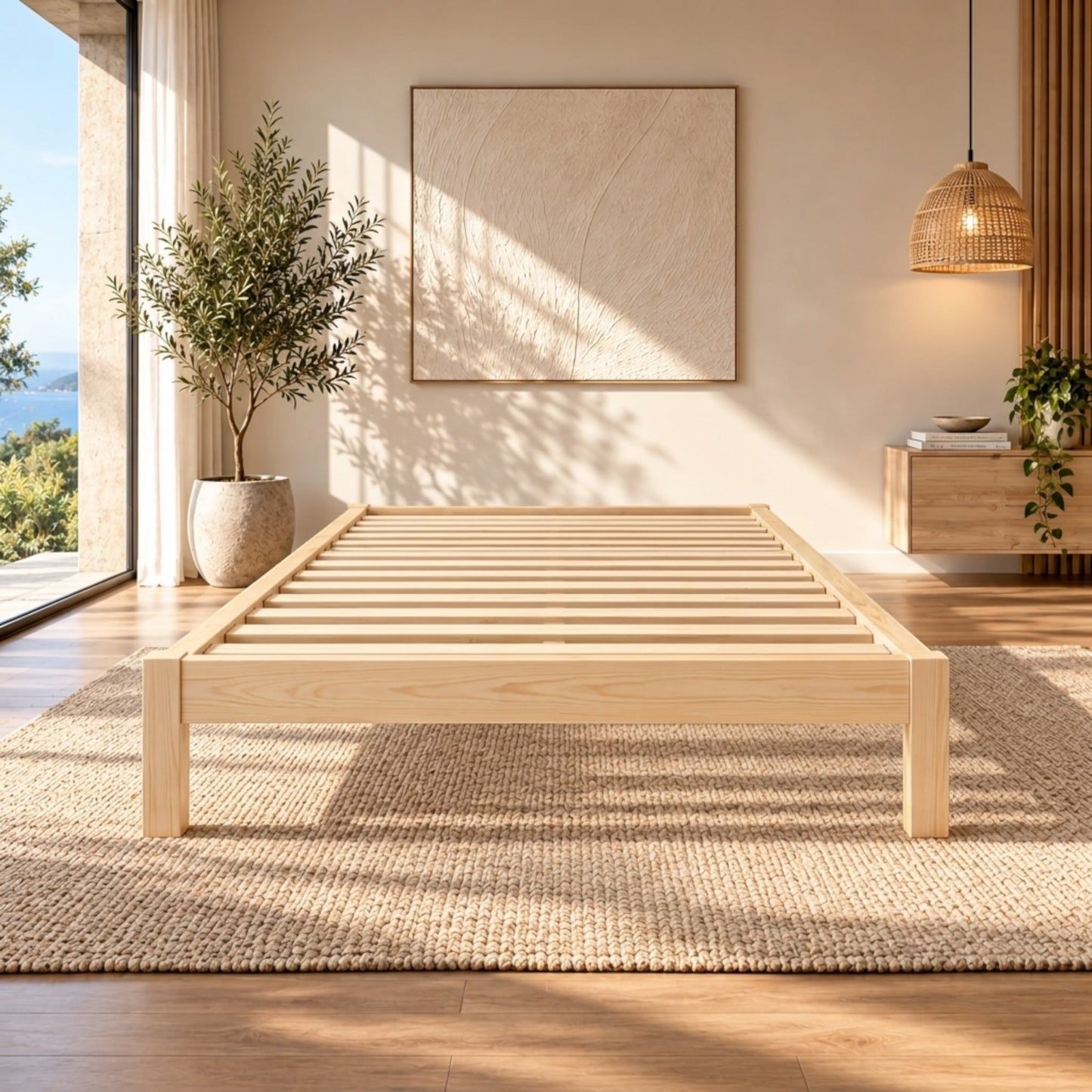 Ferguson Bachelor Bed in NZ Pine – slatted support bars in a sunlit bedroom