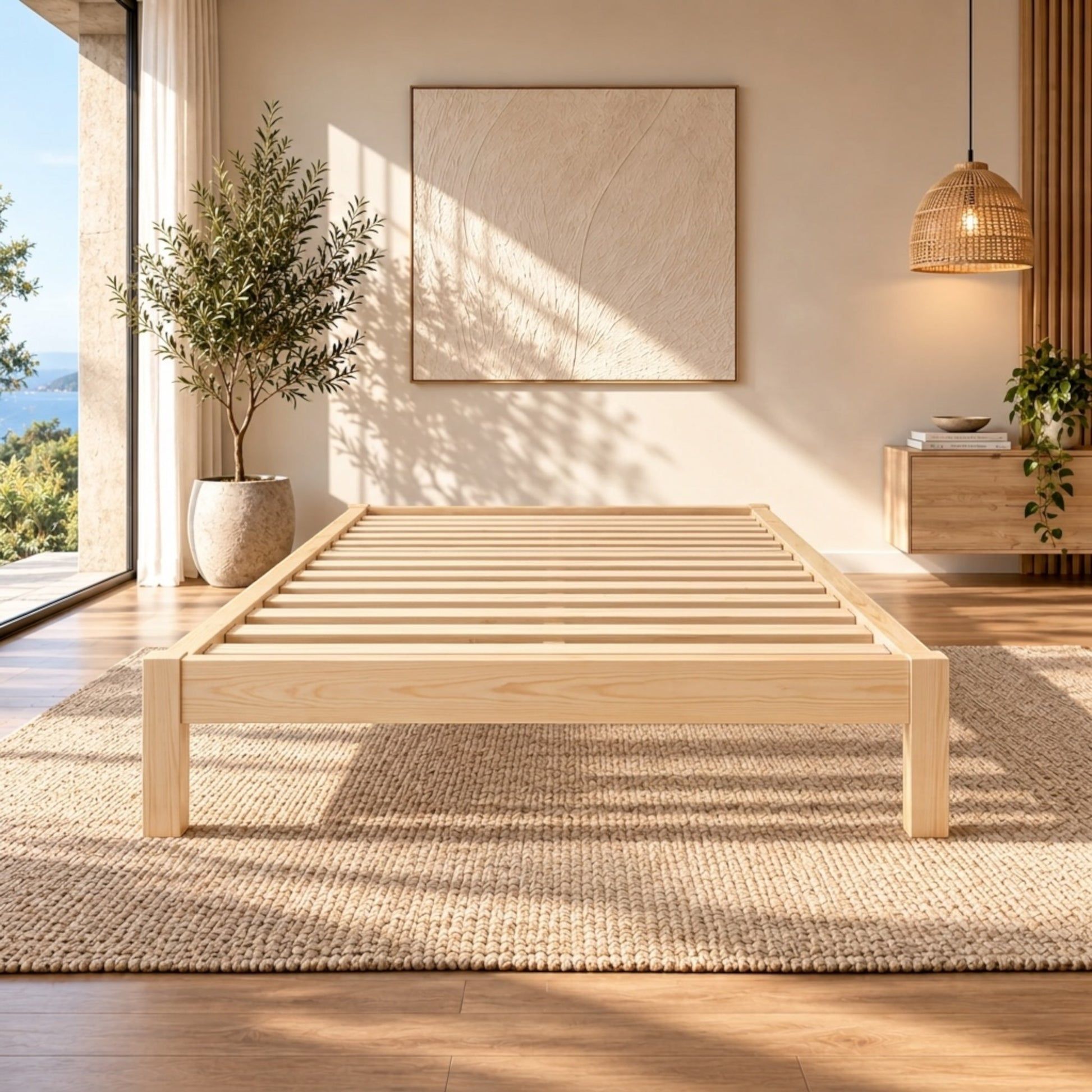 Ferguson Bachelor Bed in NZ Pine – slatted support bars in a sunlit bedroom