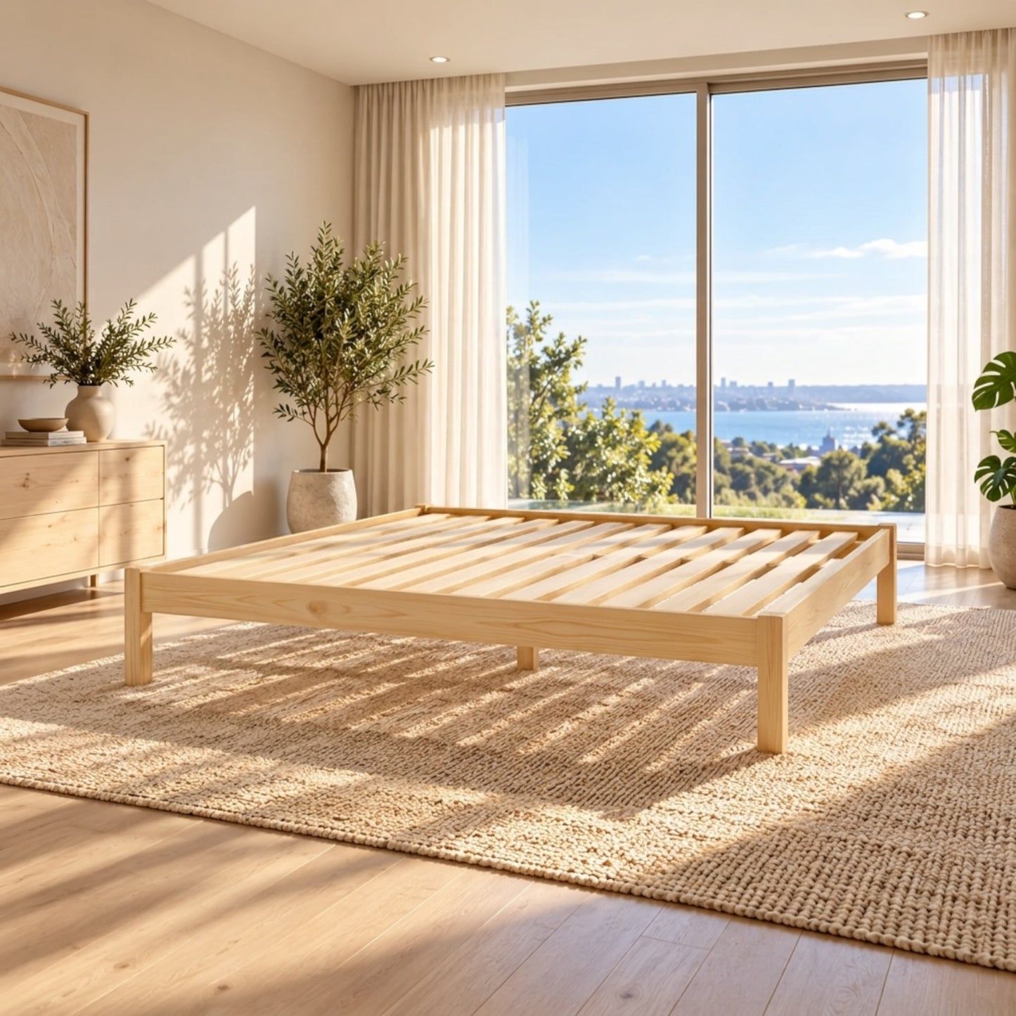 Ferguson Bachelor Bed in NZ Pine – slatted base in a bright bedroom overlooking water