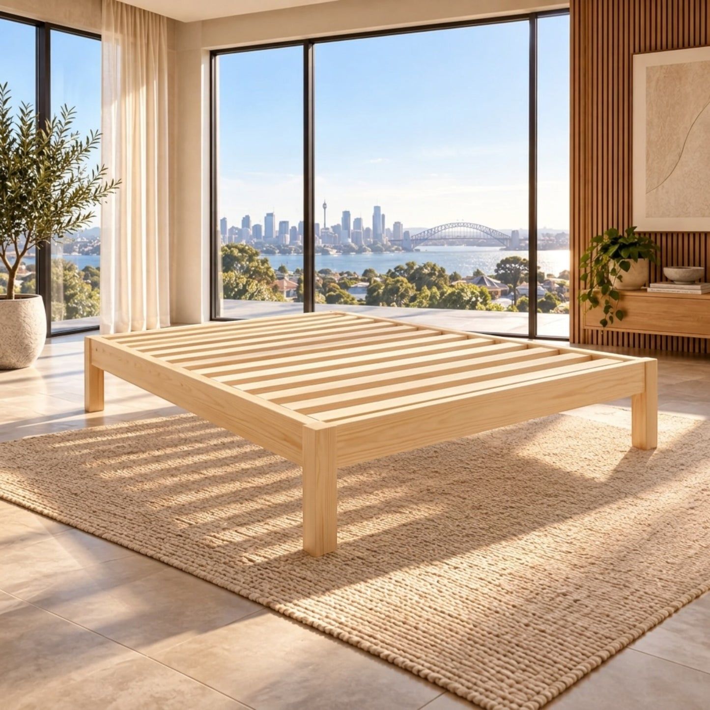 Ferguson Bachelor Bed in NZ Pine – slatted base in a sunlit bedroom with city and water views