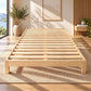 A light NZ pine wood slatted bed frame shown in a bright, modern bedroom setting with a woven rug, potted plants, and warm sunlight.