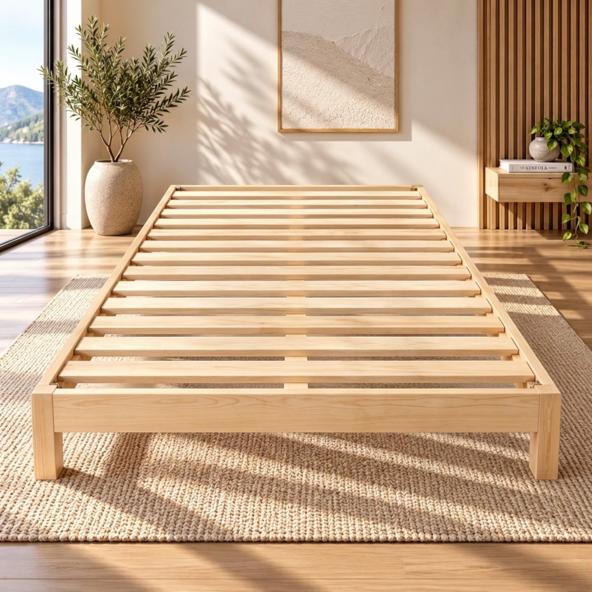 A light NZ pine wood slatted bed frame shown in a bright, modern bedroom setting with a woven rug, potted plants, and warm sunlight.