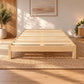 A light NZ pine wood slatted bed frame shown in a styled bedroom setting with a woven jute rug, wooden floor, potted plants, and wall art.