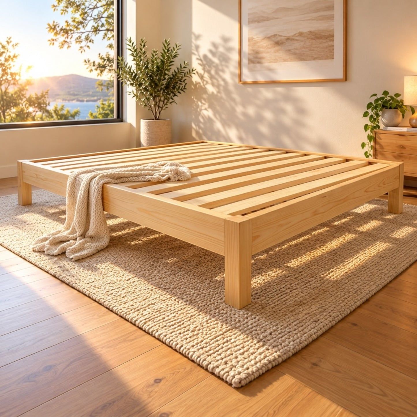 A light NZ pine wood platform bed frame with slatted support bars, shown in a bright, sunlit bedroom setting on a woven rug with a throw blanket draped over the corner.