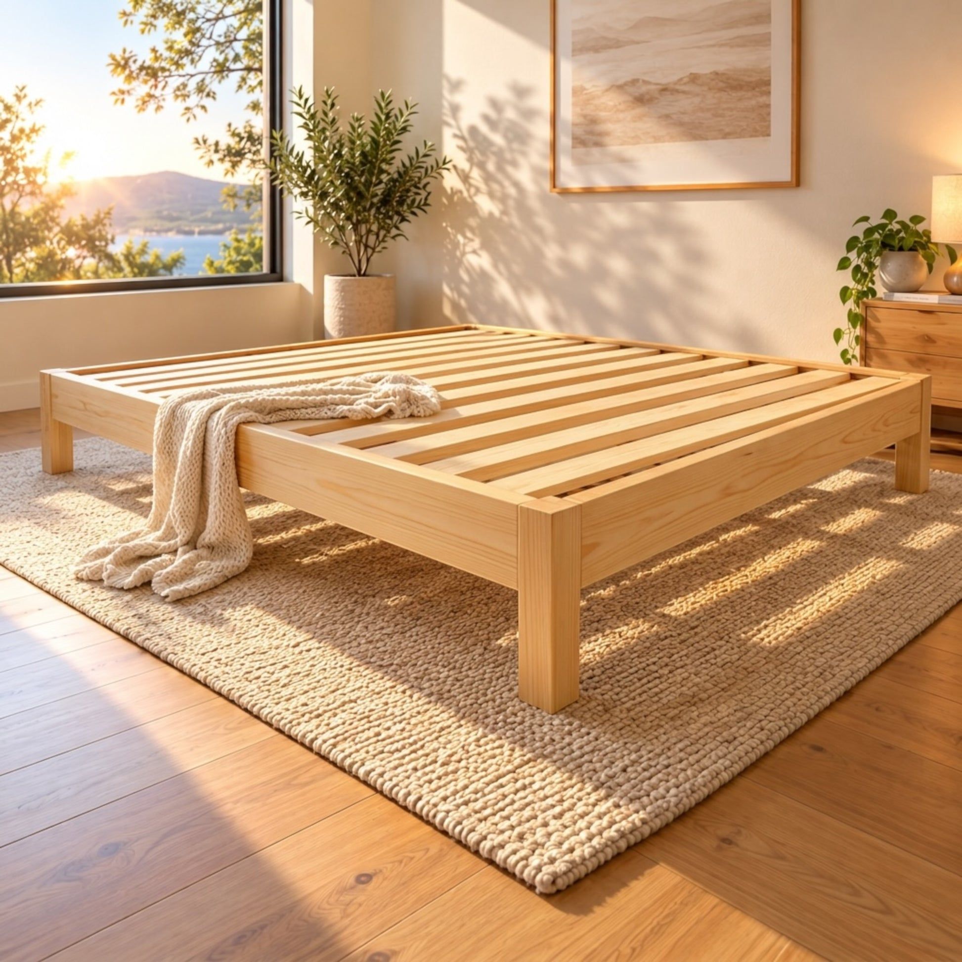 A light NZ pine wood platform bed frame with slatted support bars, shown in a bright, sunlit bedroom setting on a woven rug with a throw blanket draped over the corner.