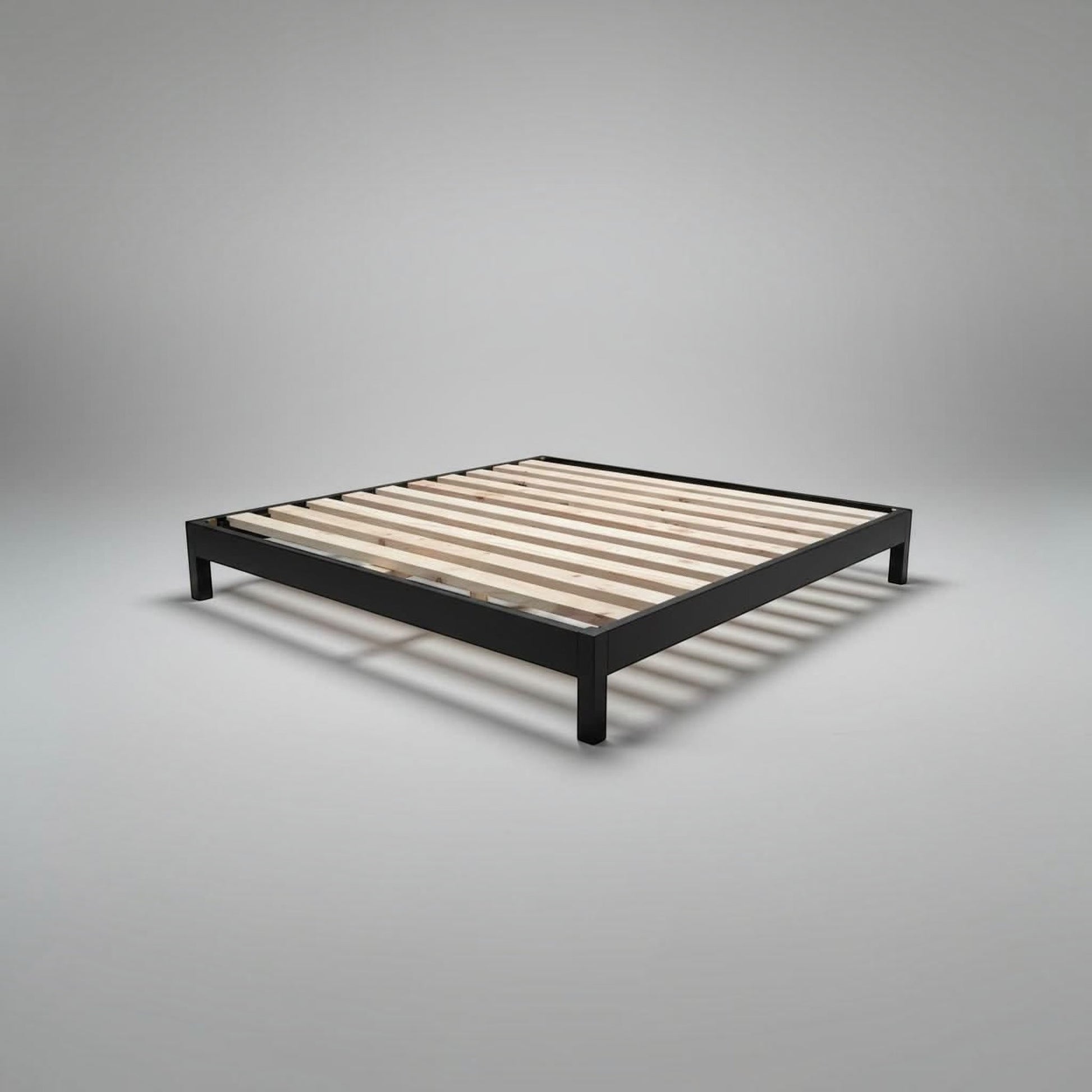 A modern platform solid vic ash frame with a black metal frame and light natural wood slats, shown on a neutral gray background.