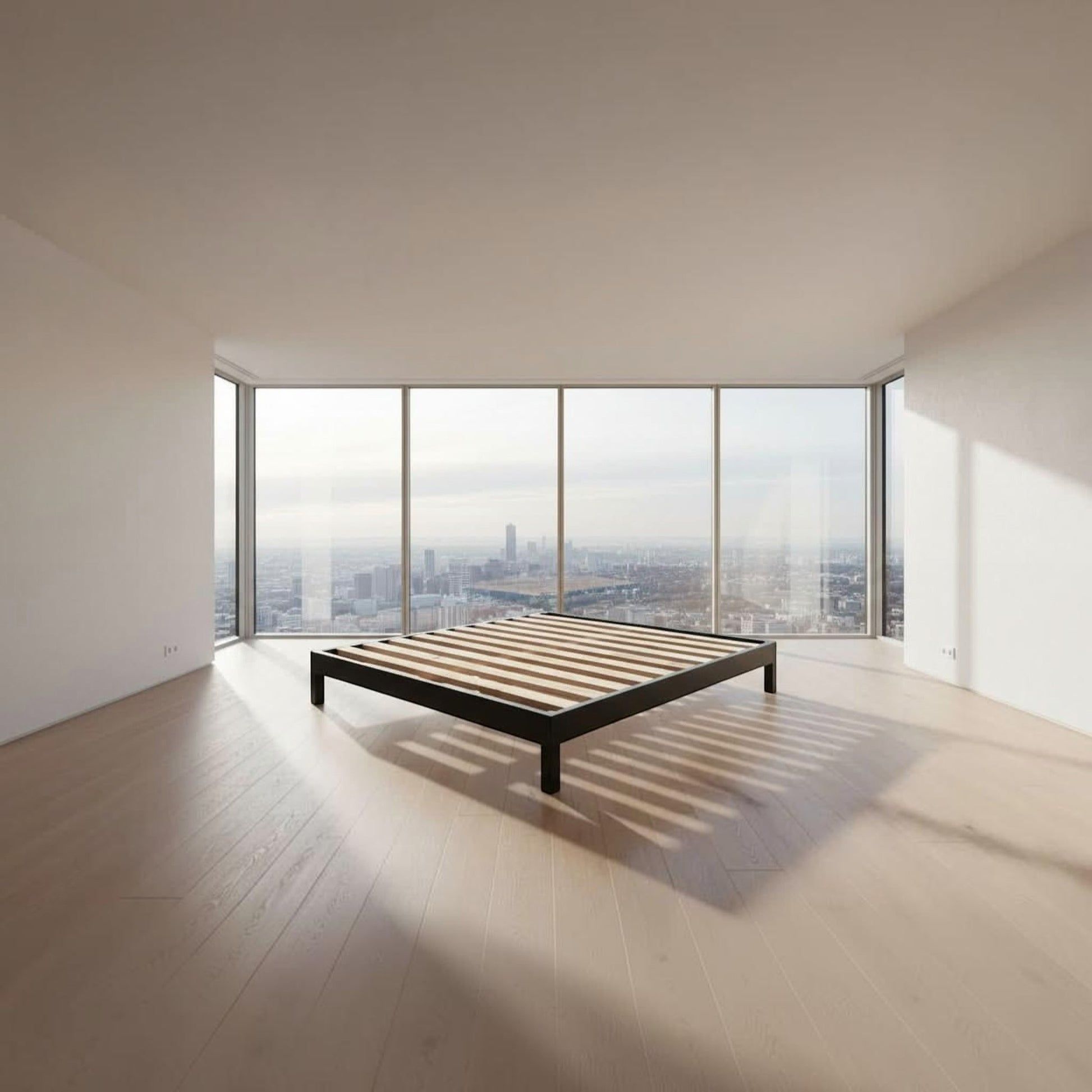 A minimalist black solid vic ash bed frame with light wood slats, positioned in a bright, modern bedroom with large floor-to-ceiling windows overlooking a city skyline.