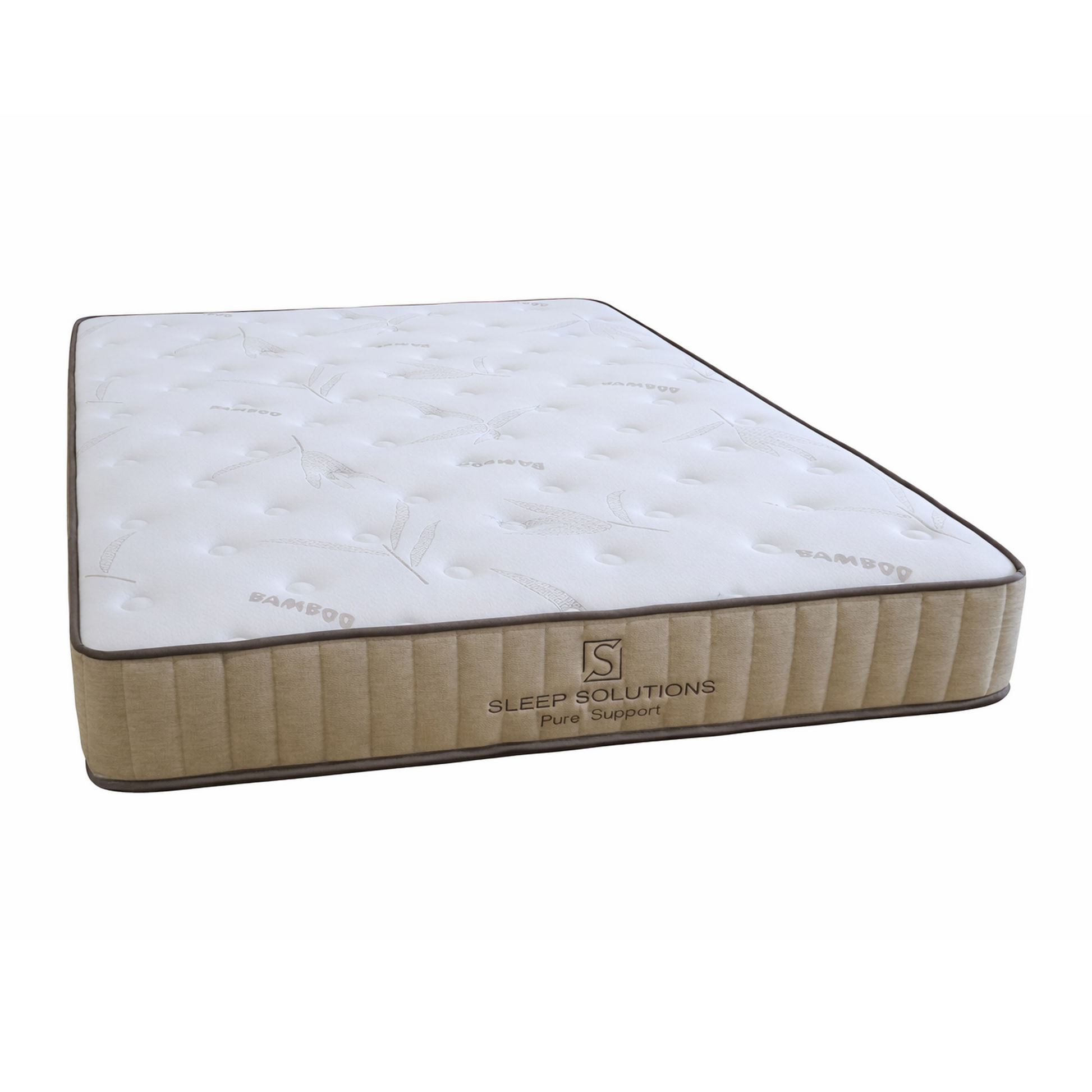 A white tufted mattress with a beige upholstered side panel and dark trim, shown on a plain white background. The side panel has the brand name 'SLEEP SOLUTIONS' and 'Pure Support' printed on it.