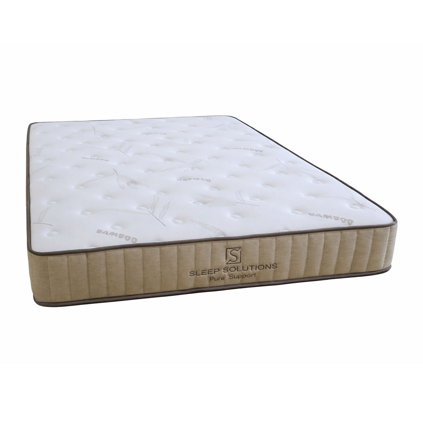 A white tufted mattress with a beige upholstered side panel and dark trim, shown on a plain white background. The side panel has the brand name 'SLEEP SOLUTIONS' and 'Pure Support' printed on it.