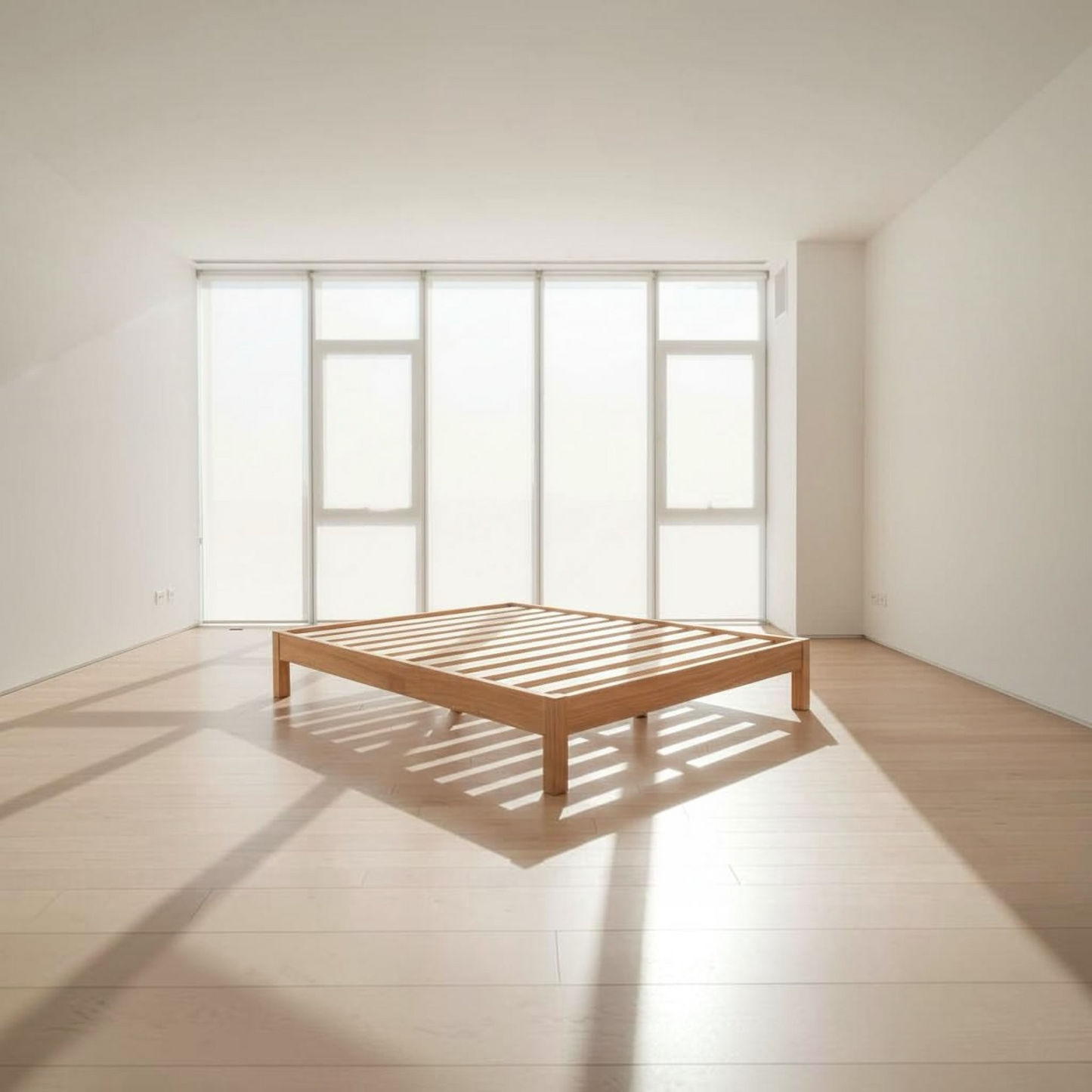 A minimalist light oak wooden slatted bed frame in a bright, modern room with white walls, large windows, and natural sunlight casting shadows on the floor.