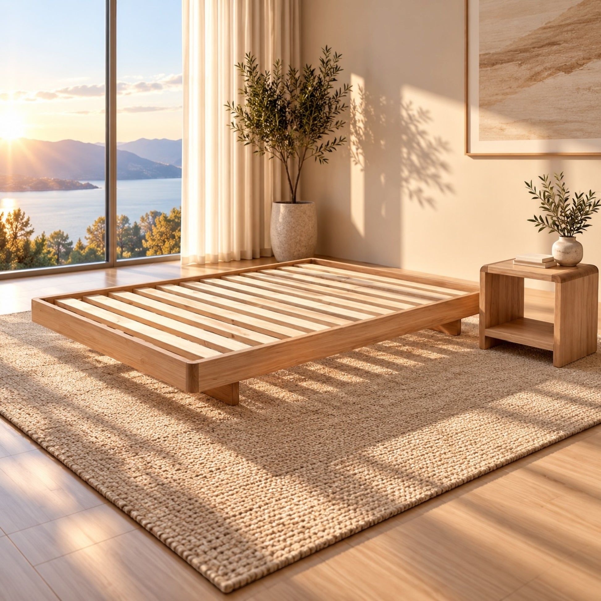Malanya Bed with Curved Edges & Floating Legs in Vic Ash, Clear Lacquer - Chocolate Wood