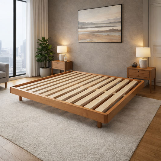 Wooden bed frame in a modern bedroom with a cityscape view.