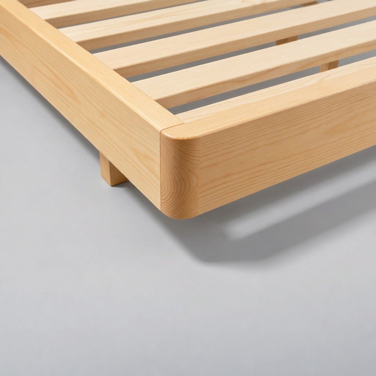 Malanya Bed with Curved Edges & Floating Legs in NZ Pine, Pale Yellow - Chocolate Wood