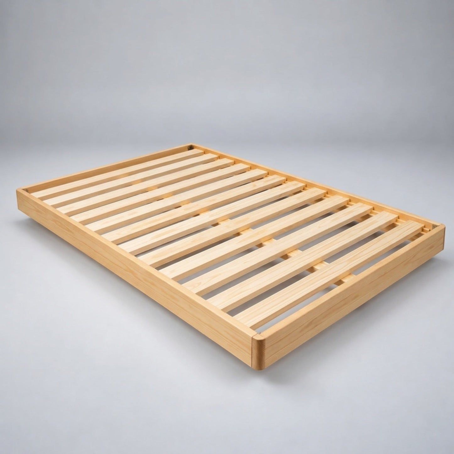 Malanya Bed with Curved Edges & Floating Legs in NZ Pine, Pale Yellow - Chocolate Wood
