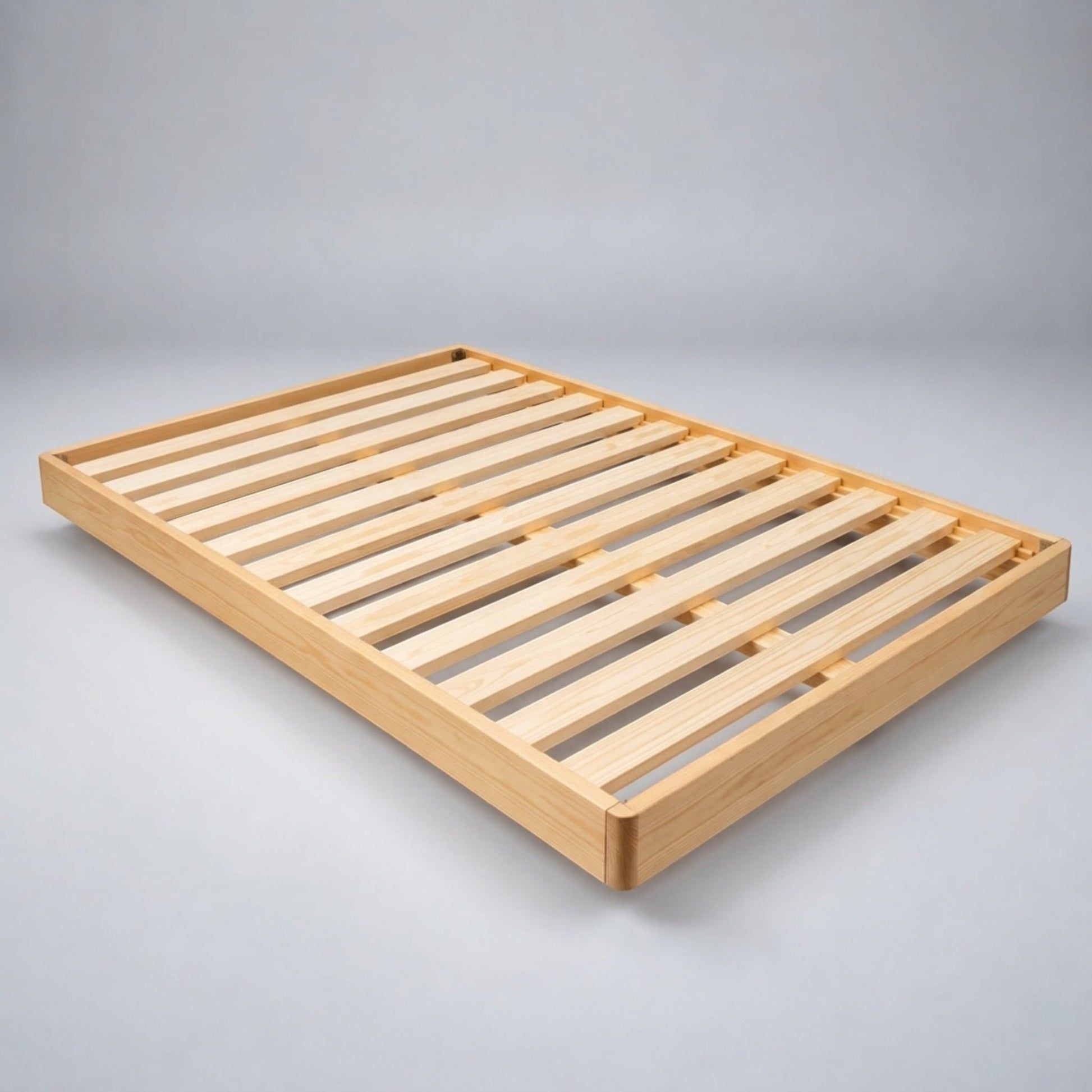 Malanya Bed with Curved Edges & Floating Legs in NZ Pine, Pale Yellow - Chocolate Wood
