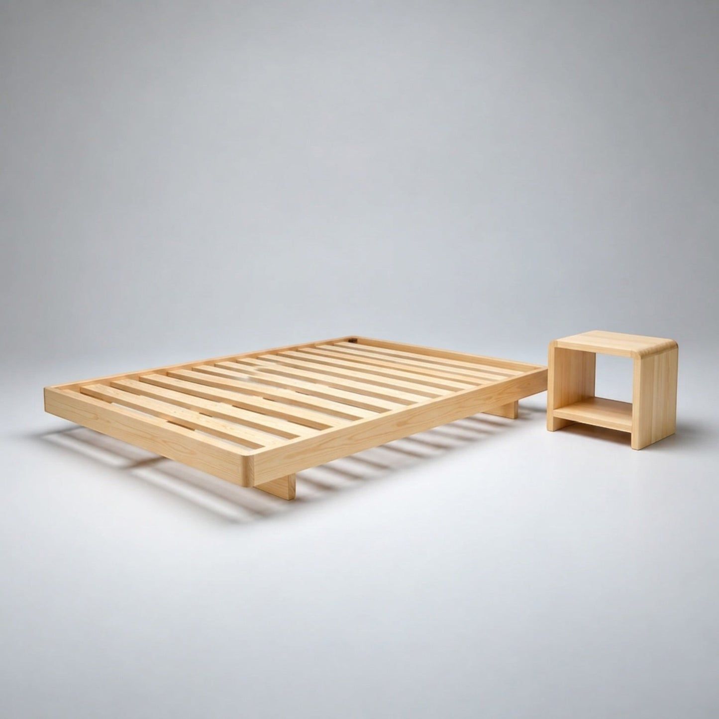 Malanya Bed with Curved Edges & Floating Legs in NZ Pine, Pale Yellow - Chocolate Wood