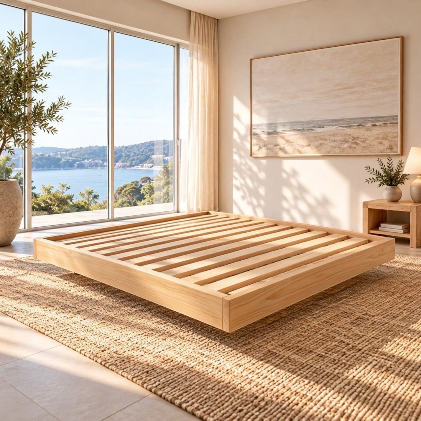 Malanya Bed with Curved Edges & Floating Legs in NZ Pine, Pale Yellow - Chocolate Wood