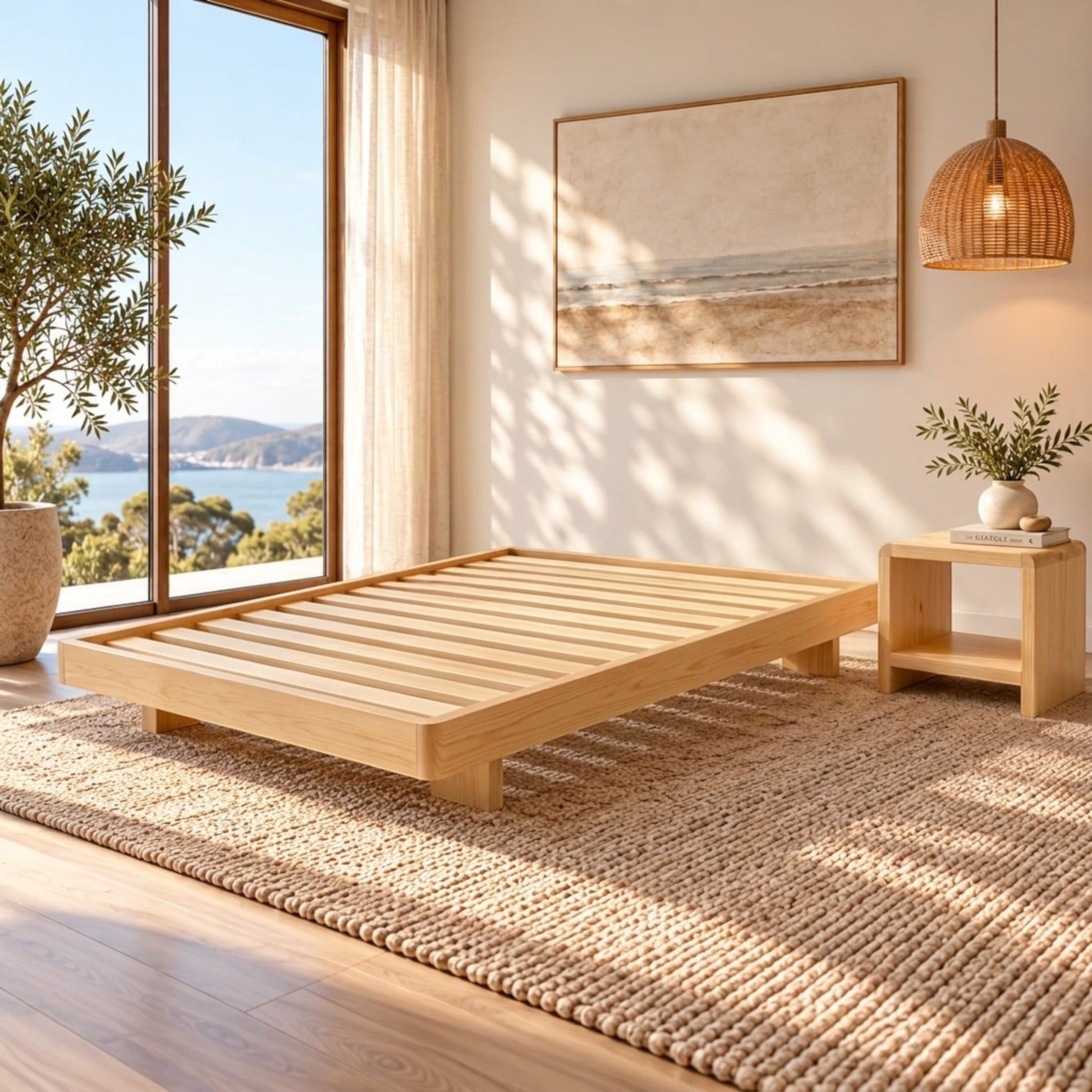 Malanya Bed with Curved Edges & Floating Legs in NZ Pine, Pale Yellow - Chocolate Wood