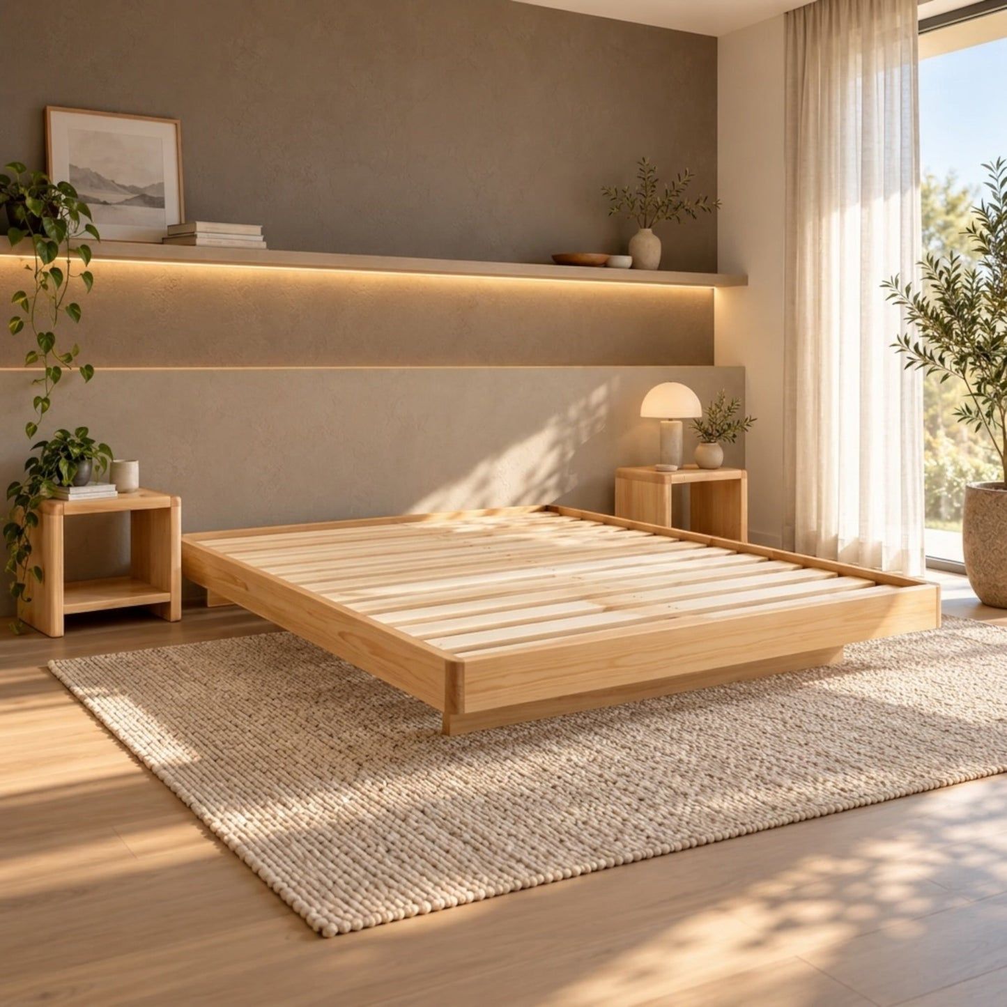 Malanya Bed with Curved Edges & Floating Legs in NZ Pine, Pale Yellow - Chocolate Wood