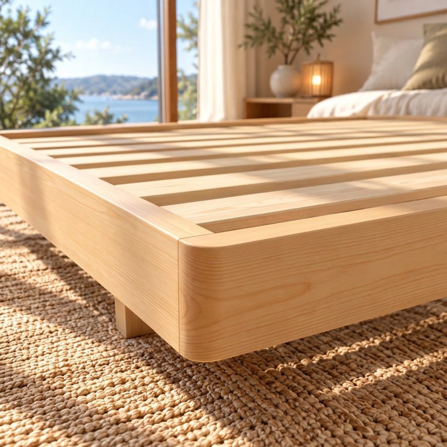 Malanya Bed with Curved Edges & Floating Legs in NZ Pine, Pale Yellow - Chocolate Wood