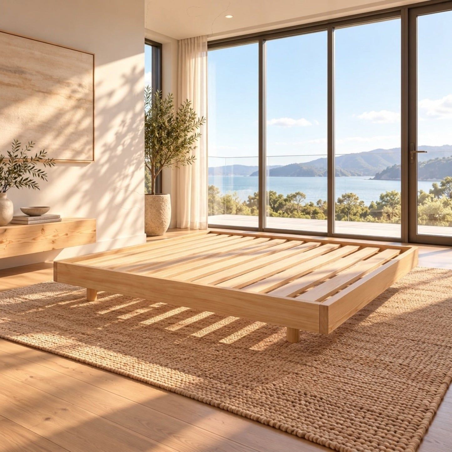 Malanya Bed with Curved Edges & Floating Legs in NZ Pine, Pale Yellow - Chocolate Wood