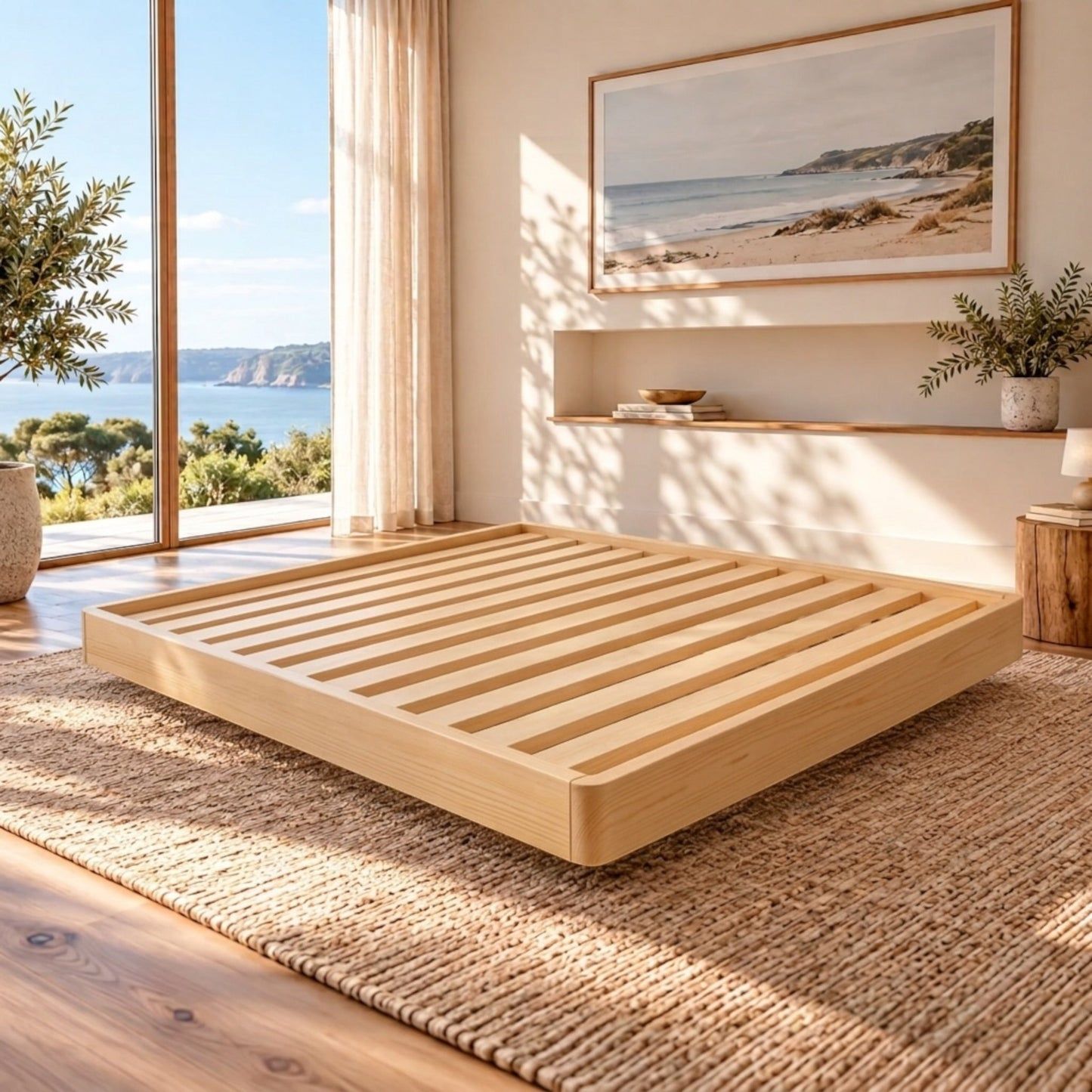 Malanya Bed with Curved Edges & Floating Legs in NZ Pine, Pale Yellow - Chocolate Wood