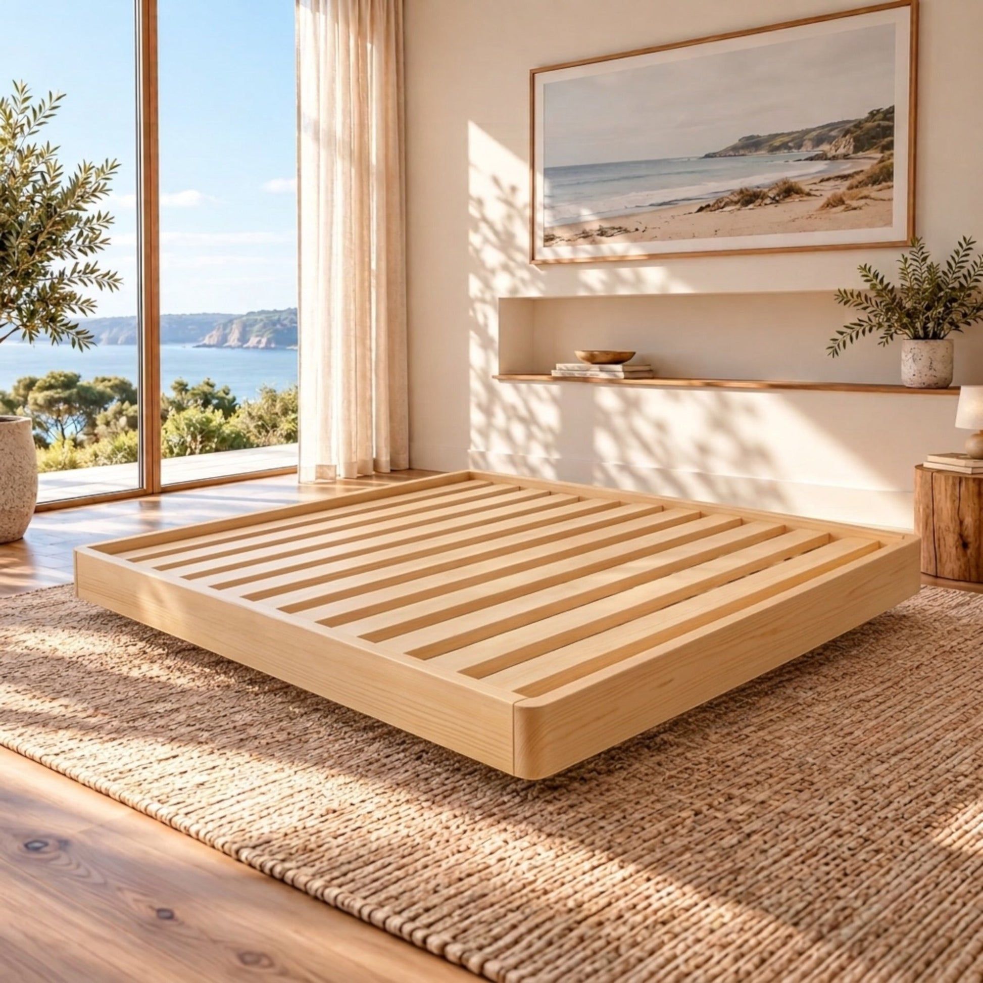Malanya Bed with Curved Edges & Floating Legs in NZ Pine, Pale Yellow - Chocolate Wood