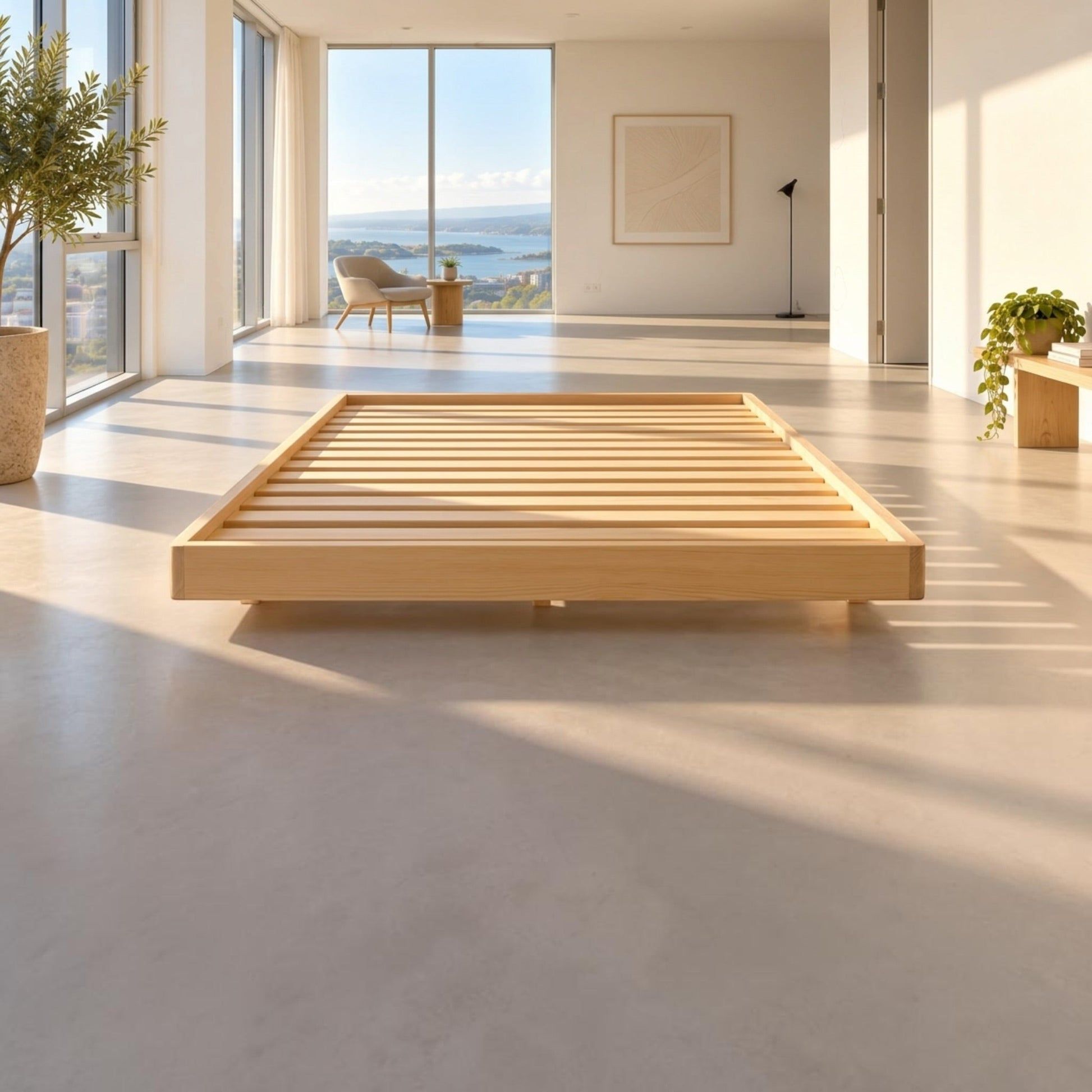 Malanya Bed with Curved Edges & Floating Legs in NZ Pine, Pale Yellow - Chocolate Wood