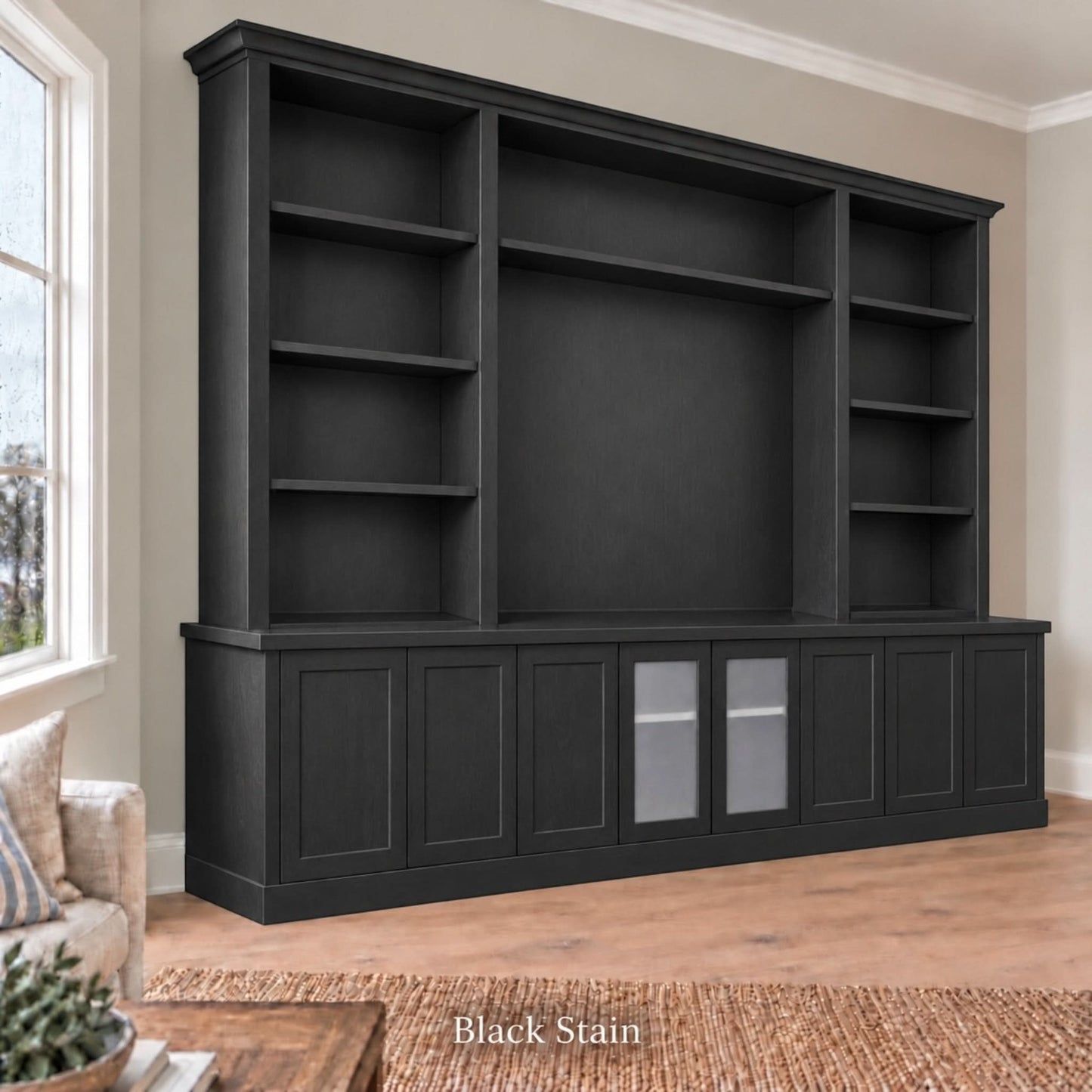 Harrington 5-piece wall unit in Black Stain, wide angled view with frosted glass centre doors