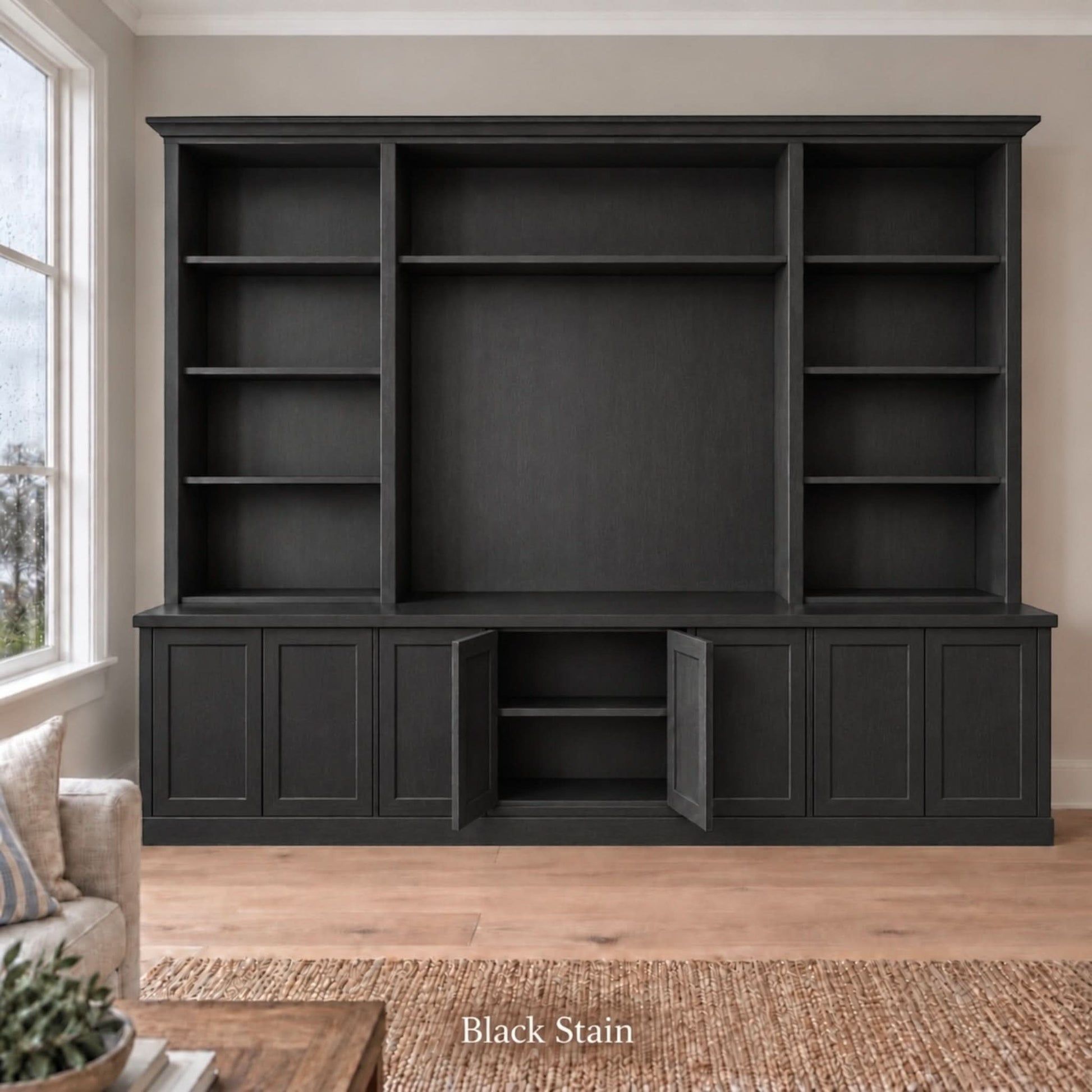 Harrington 5-piece wall unit in Black Stain with the centre buffet doors open to show interior storage