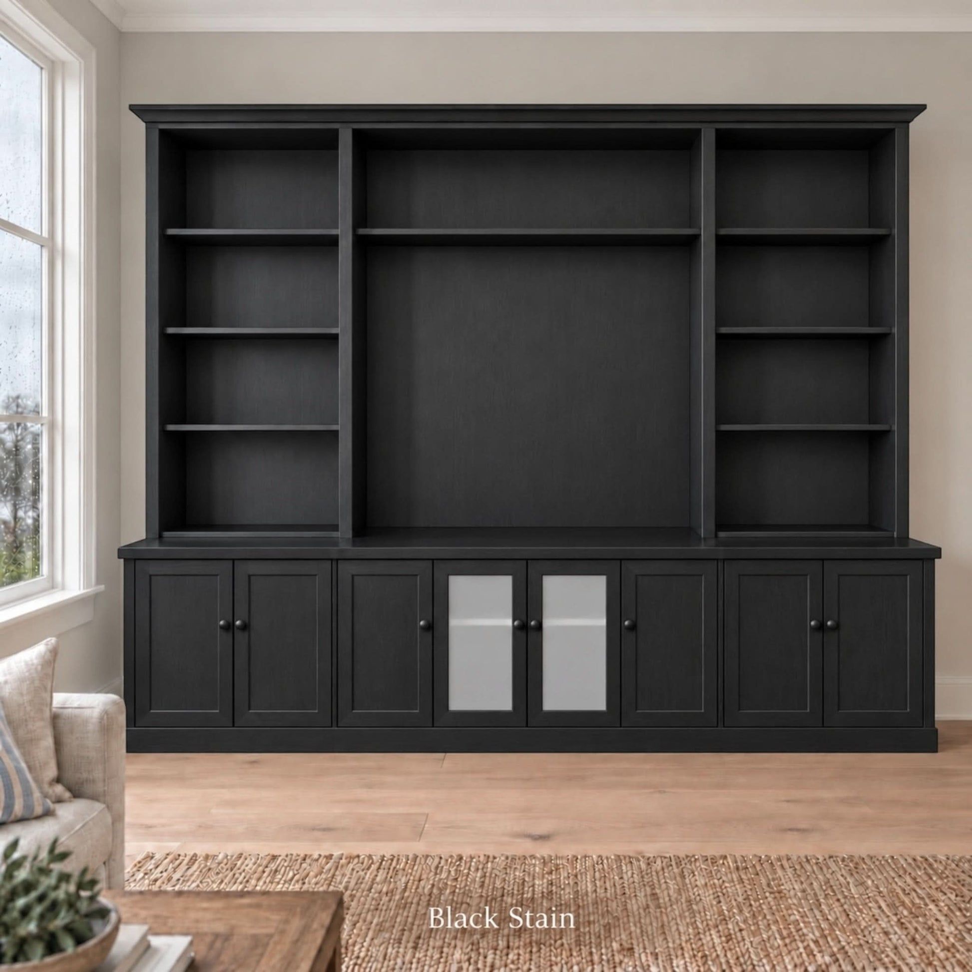 Harrington 5-piece wall unit in Black Stain with frosted glass centre doors and knob handles