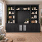 Harrington 5-piece wall unit in Black Stain, styled with books, vases and plants, front view with frosted glass centre doors
