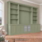 Harrington 5-piece wall unit in Dulux Green Spruce, wide angled view with frosted glass centre doors