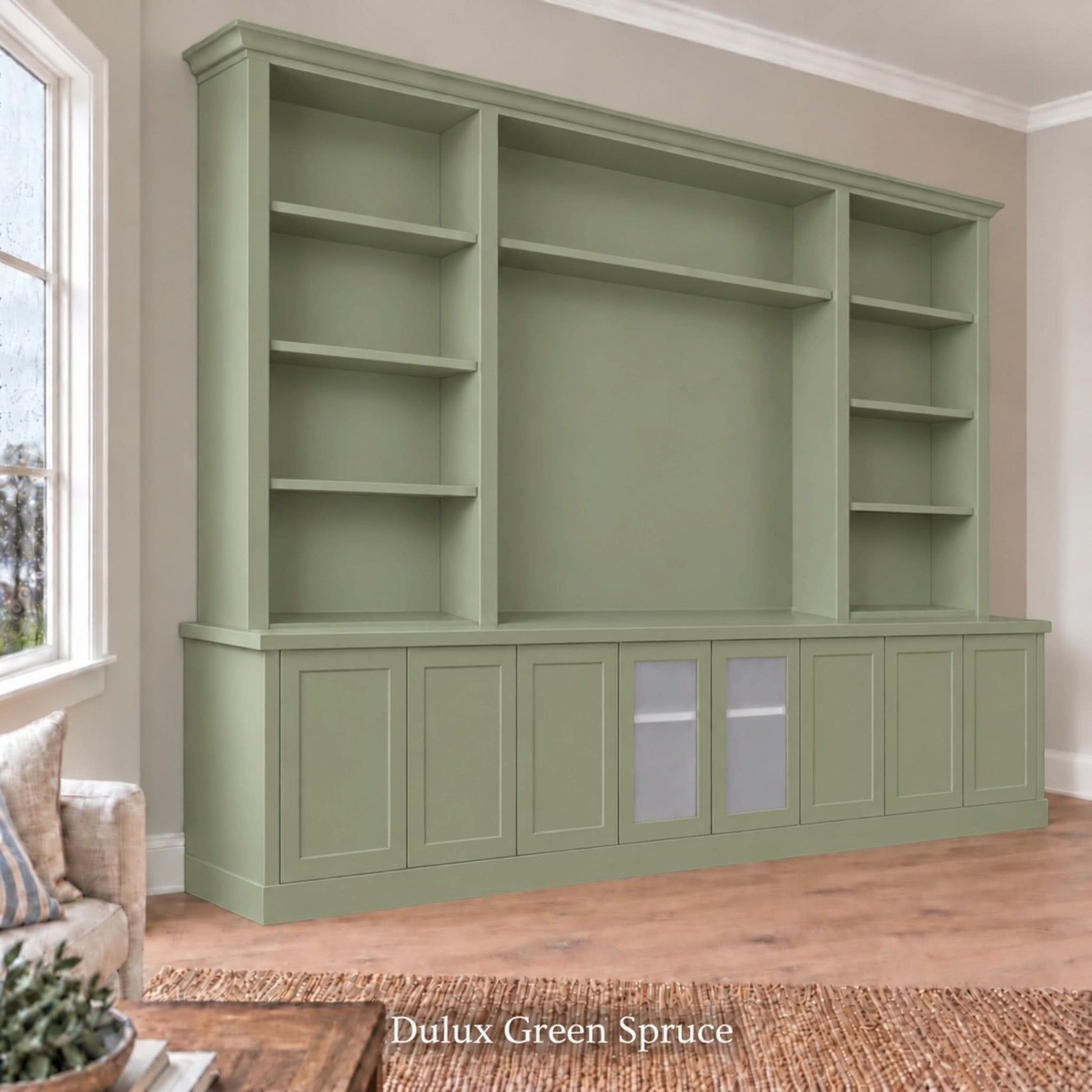 Harrington 5-piece wall unit in Dulux Green Spruce, wide angled view with frosted glass centre doors
