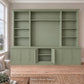 Harrington 5-piece wall unit in Dulux Green Spruce with the centre buffet doors open to show interior storage