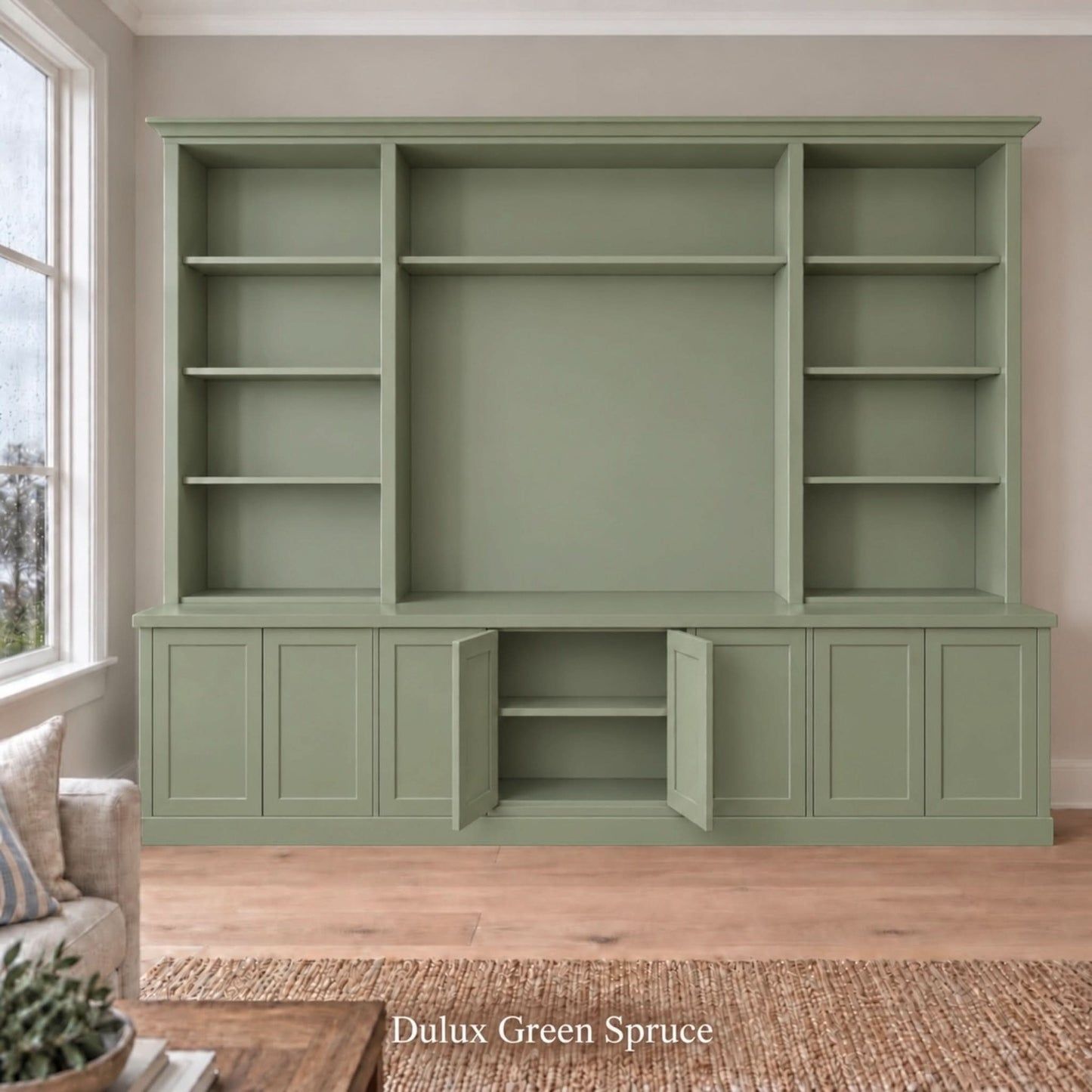 Harrington 5-piece wall unit in Dulux Green Spruce with the centre buffet doors open to show interior storage