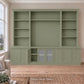 Harrington 5-piece wall unit in Dulux Green Spruce with a buffet door open to show interior storage, frosted glass centre doors