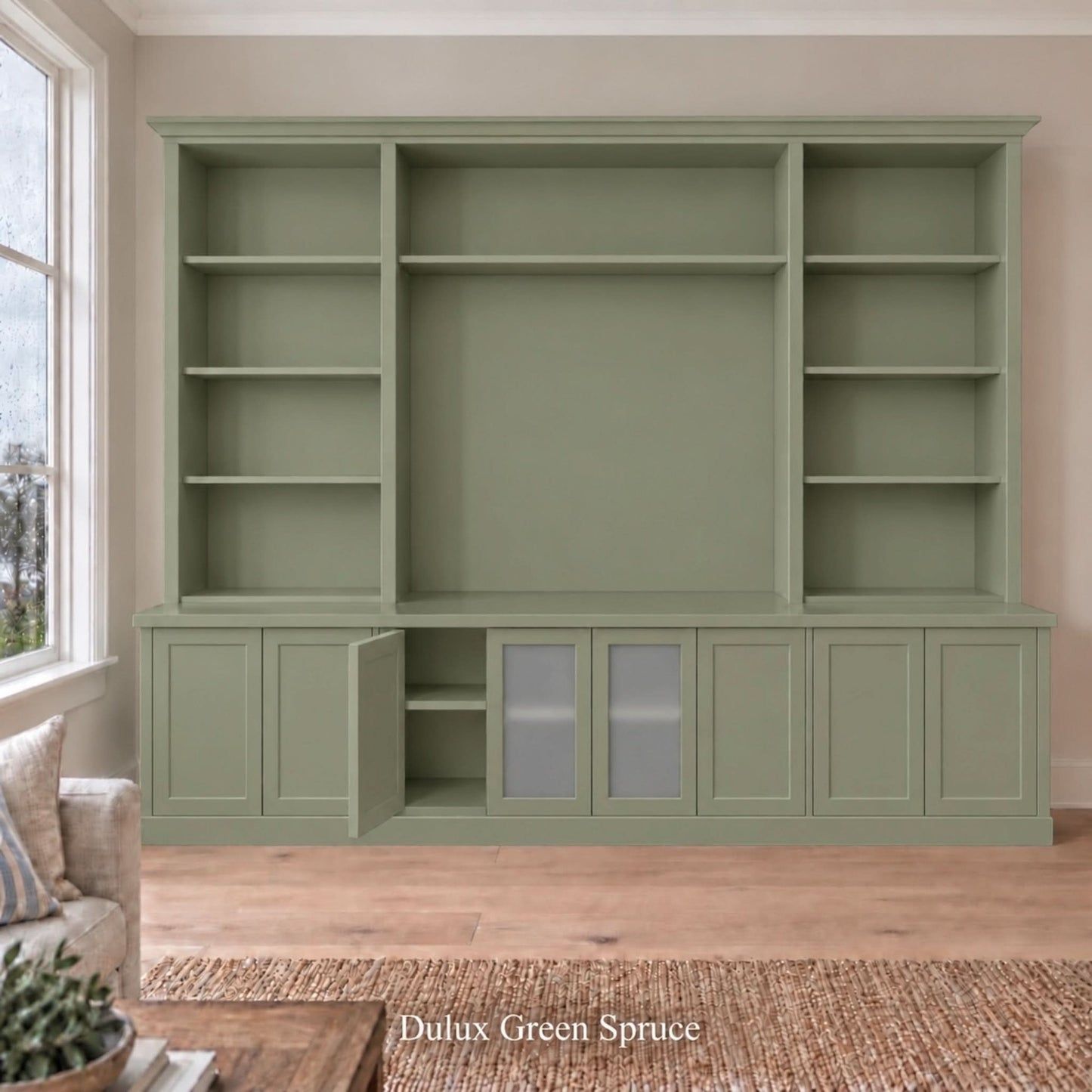 Harrington 5-piece wall unit in Dulux Green Spruce with a buffet door open to show interior storage, frosted glass centre doors