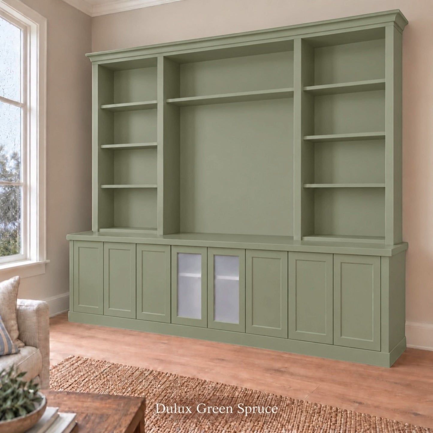 Harrington 5-piece wall unit in Dulux Green Spruce, angled view with frosted glass centre doors