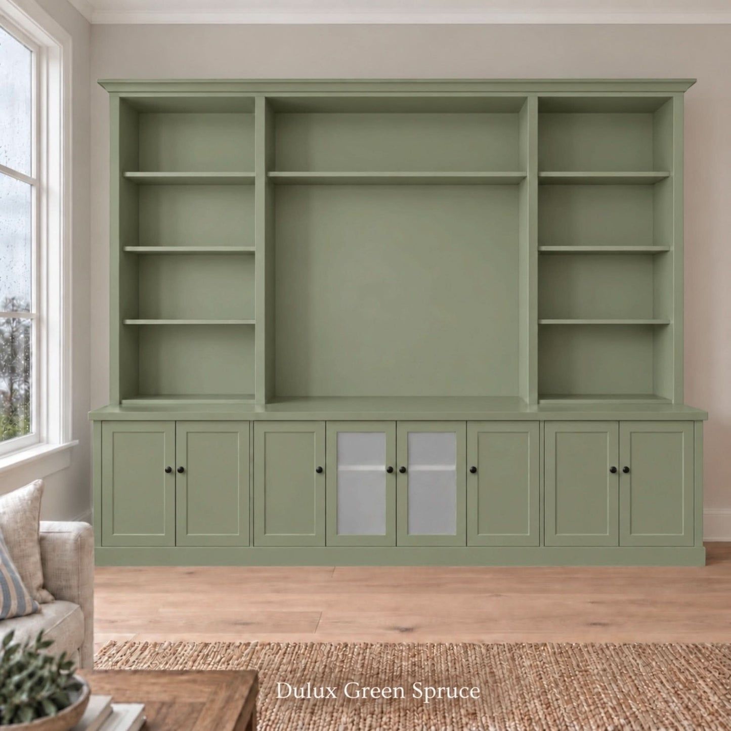 Harrington 5-piece wall unit in Dulux Green Spruce with frosted glass centre doors and knob handles