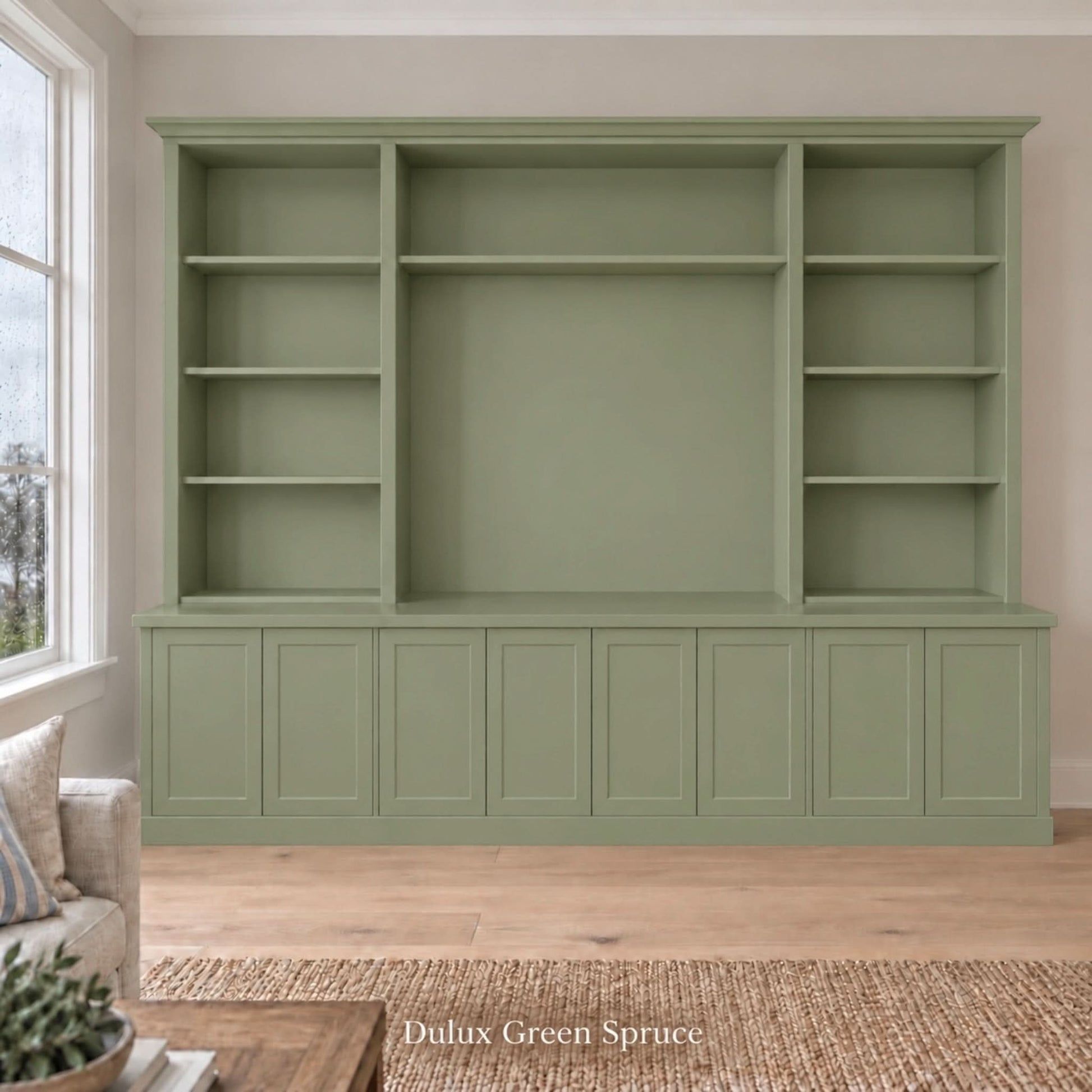Harrington 5-piece wall unit in Dulux Green Spruce with solid panel doors and no handles