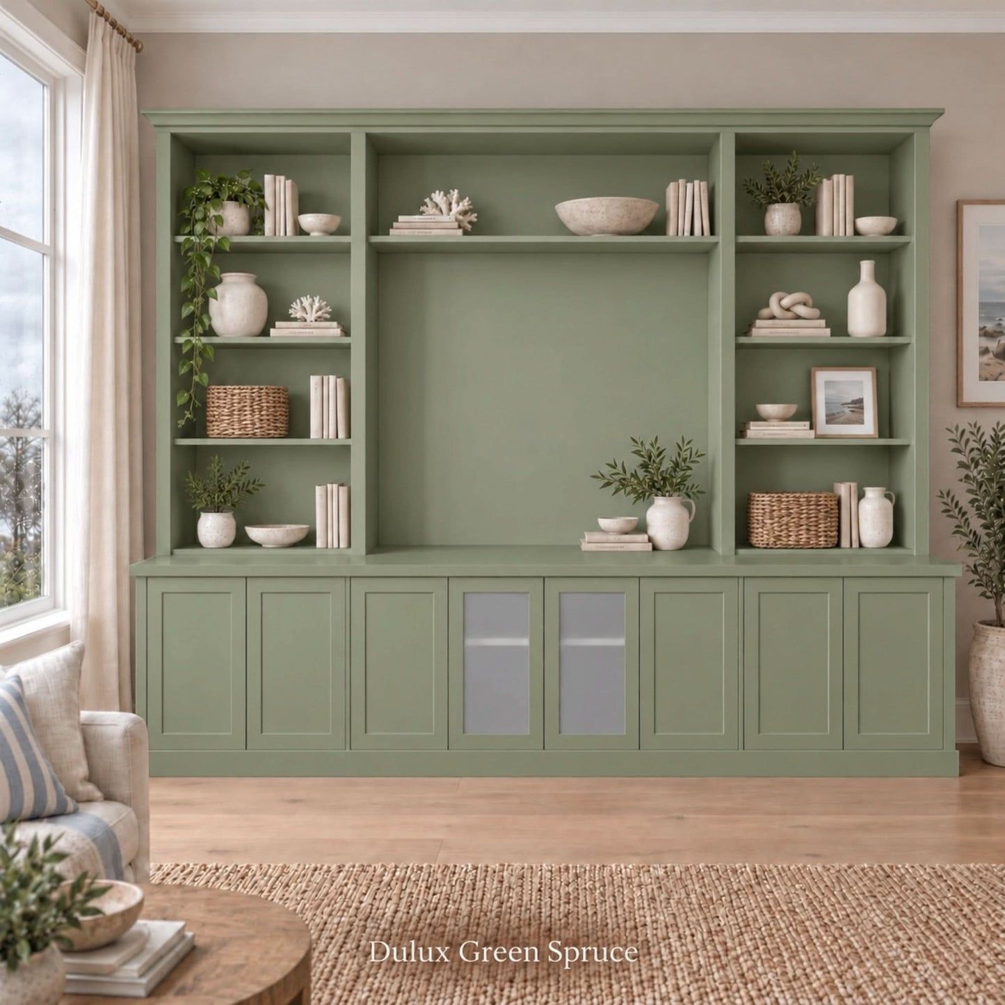 Harrington 5-piece wall unit in Dulux Green Spruce, styled with books, vases and plants, front view with frosted glass centre doors