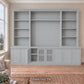 Harrington 5-piece wall unit in Dulux Grey Pail with a buffet door open to show interior storage, frosted glass centre doors