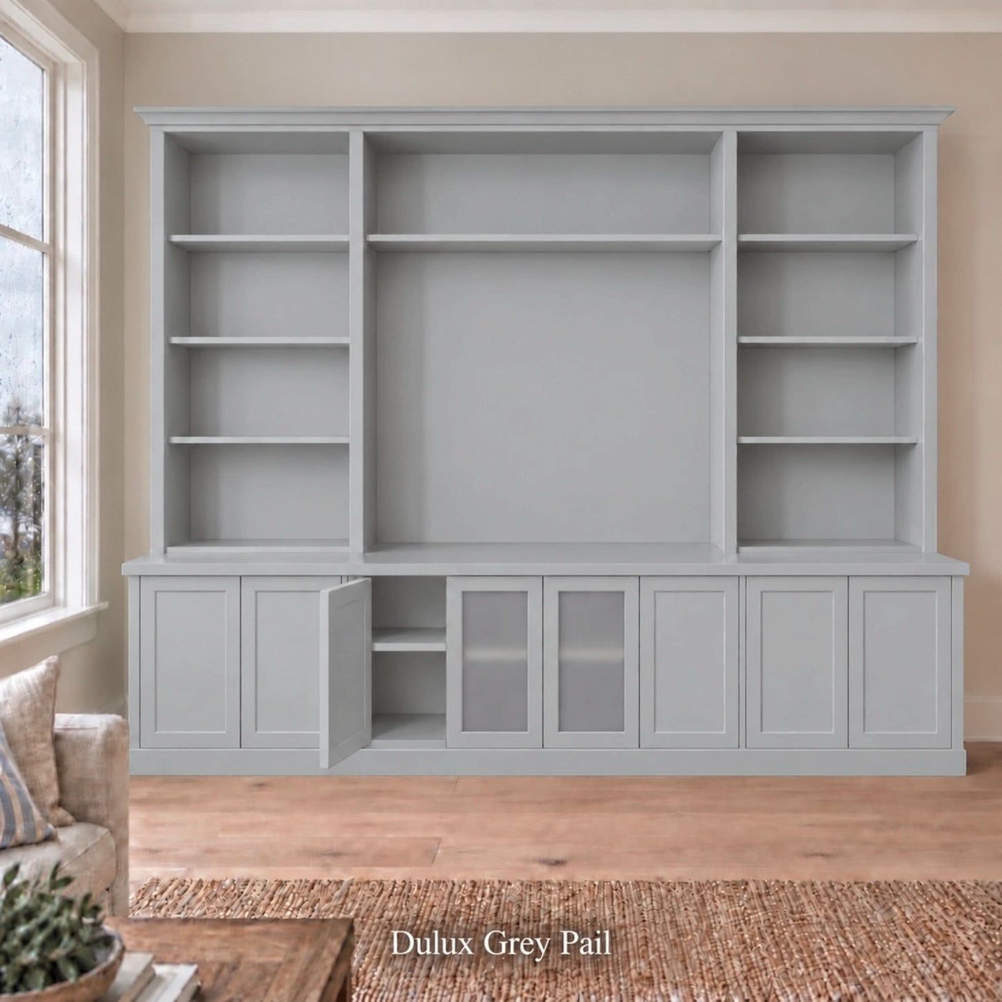 Harrington 5-piece wall unit in Dulux Grey Pail with a buffet door open to show interior storage, frosted glass centre doors