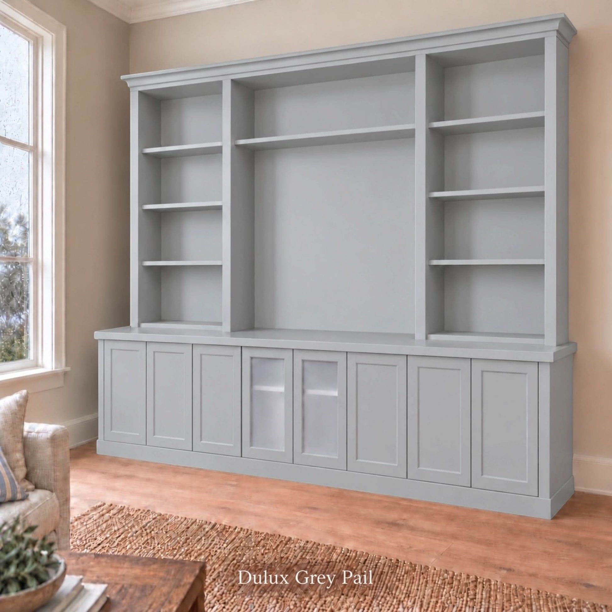 Harrington 5-piece wall unit in Dulux Grey Pail, angled view with frosted glass centre doors